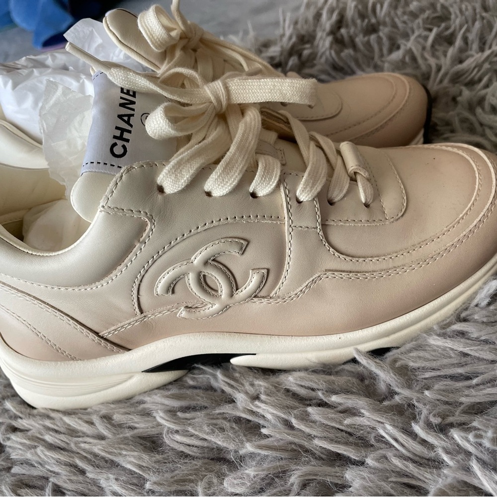 Chanel Off-White Lace-Up Sneakers